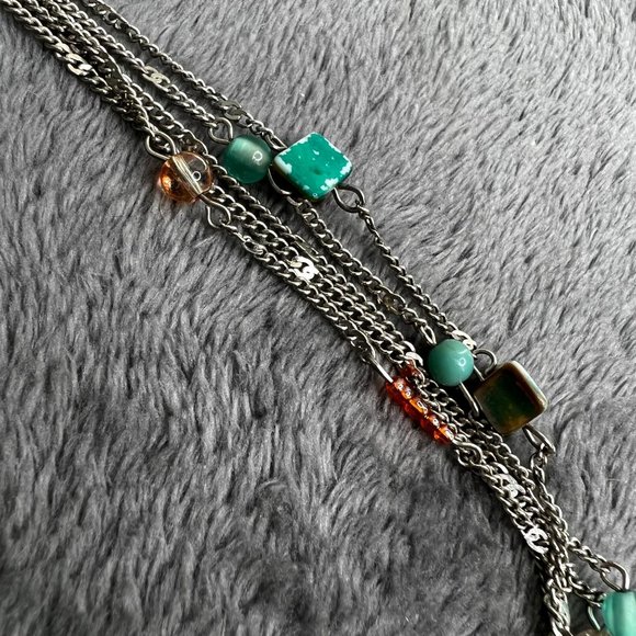 Layered Necklace Silver Tone Chain Turquoise Color Beads 20 inch - Picture 4 of 6